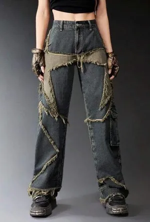 Romwe Punk Star Pattern Raw Trim Flap Pocket Cargo Boyfriend Jeans Denim Small thumbnail 1
