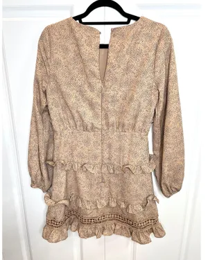 Lulu’s Kiss Me Goodnight Tan Polka Dot Ruffled Long Sleeve Mini Dress thumbnail 7