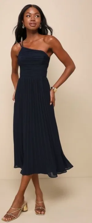 LULUS Prom Wedding Special Event Sexy One Shoulder Flowy Navy Midi Dress NWOT thumbnail 1