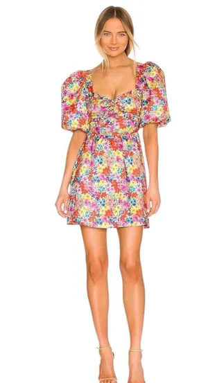 For Love & Lemons Vibrant Floral Merrill Puff Sleeve Mini Dress Womens L thumbnail 1