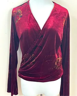 Clio Vintage Y2K Burgundy Velvet Floral Faux Wrap Top L thumbnail 1