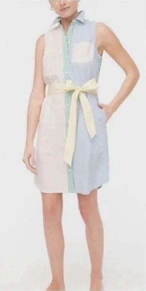 J.Crew Color Block Stripe Shirt Dress 4 S Sleeveless Pockets Belt Preppy Coastal thumbnail 1