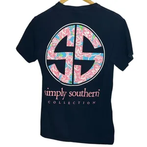 5/$25 Simply Southern Women's S‎ Graphic Tee Navy Pink Floral Logo Preppy thumbnail 2