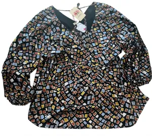 entro Black Geometric Print V-Neck Blouse with Multicolor Tiles thumbnail 1