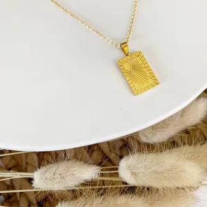 Boutique 18k Gold Sunburst Square Pendant Boho Necklace thumbnail 6