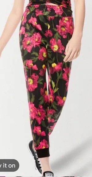 Alice + Olivia Black Jogger Pants with Pink & Green Floral Print size XS thumbnail 1
