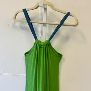 Mick & Mo Lime Green Halter Maxi‎ Dress Blue Trim Rayon Size L Boho Summer thumbnail 5