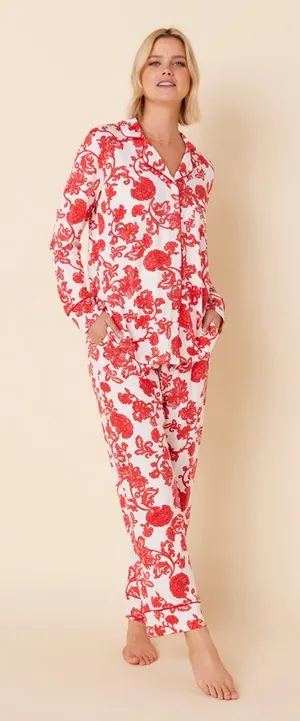 The Cat's Pajamas Chrysantheme Pima Knit Cotton Classic Pajama Set in Red thumbnail 1
