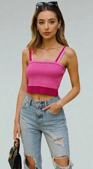 299 Cider | EUC Pink Ribbed Knit Double Strap Crop Top (Size S) thumbnail 1