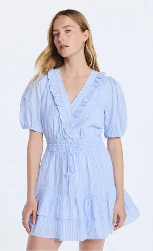 Free Assembly blue & white Tiered Ruffle Mini Dress with Short Puff Sleeves NWT thumbnail 1