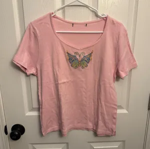 Y2K Pink Butterfly Embroidered Baby Tee thumbnail 1