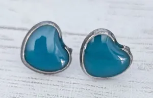 Vintage Stud Earrings Dainty Dark Teal Heart - Tarnished thumbnail 1