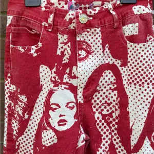 Edikted Andy Print Red White Face Novelty Print Flare Bell Bottom Jeans Size XS thumbnail 3