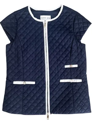 Patty Kim Navy Blue White Trim Quilted Zip Up Cap Sleeve Lightweight Vest XS thumbnail 6