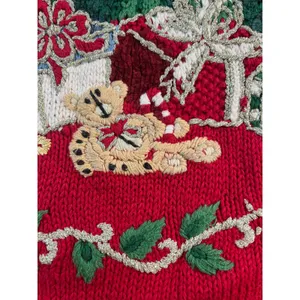 Vintage 90s Christmas Sweater TIARA Women L Red Tree Embroidered‎ Embellished thumbnail 12