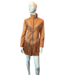 Oyrosy Vintage Western Style Embroidered Tassel LS Suede Mini Dress Brown L NWT thumbnail 5