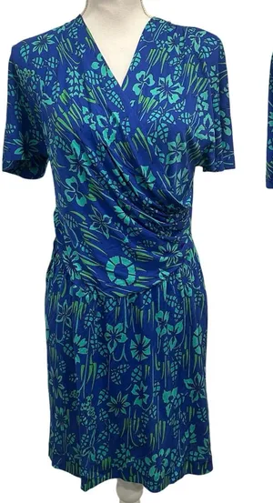 VTG 70s Bessi Firenze Blue Green Floral Silk Faux Wrap Surplice‎ Dress Mod Small thumbnail 1