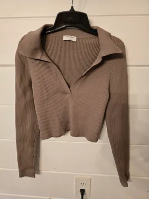 Babaton Ribbed Polo Sweater in Taupe Large thumbnail 1