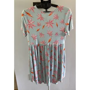 Longyuan Women's Light Blue Leaves Pockets Short Sleeve Dress Size XL‎ thumbnail 4