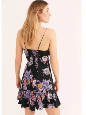 Free People Women Happy Heart Floral Mini Dress S Black Purple Ruched Tie Front thumbnail 2
