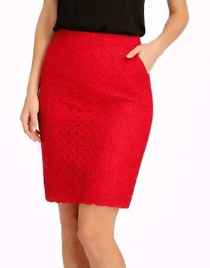 J Crew The Pencil Skirt Red‎ Eyelet Lace Knee Length Size 6 thumbnail 1