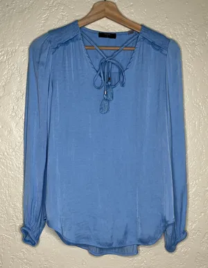 T TahariWomen's Satin‎ Blue Pleated Tie V-Neck Long Sleeve Career Blouse Small thumbnail 1
