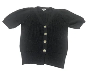 White Birch Black Knit Cardigan Sweater Small Jeweled Floral Button Short Sleeve thumbnail 1