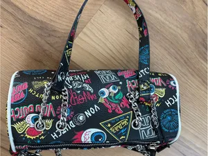 Von Dutch Black Graphic Barrel Crossbody Bag with Multicolor Patches thumbnail 8