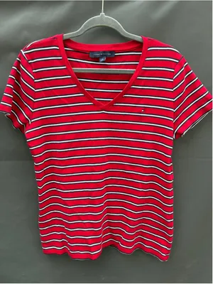 Women's Tommy Hilfiger Striped V-Neck Short Sleeve Tee Red White XL thumbnail 2