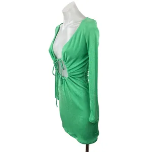 Superdown Women's Green Long Sleeve Plunge Ring Tie Mini Bodycon Dress Size M thumbnail 3