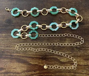 Gold Y2K Green Marbled Hexagon Open Ring Chain Belt, Fits 21-43 Inches, X7GA1356 thumbnail 1