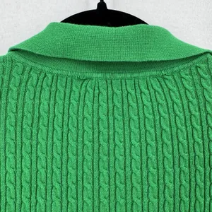 Tommy Hilfiger Women L Green Cable Knit Polo Sweater V Neck Preppy Quiet Luxury thumbnail 4