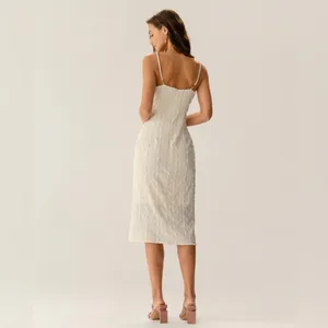 Rihoas Beige Textured Beaded Slip Midi Dress thumbnail 4