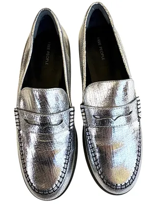 NEW Free People Leather Blanket Stitch Loafers Metallic Silver Size 8 thumbnail 4