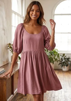 Mía joy Puff Sleeve Scoop Neck Mini Dress in Dusty Rose thumbnail 1