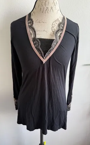 Soma‎ Long Sleeve Top Black Lace Trim V Neck Blouse Womens XS thumbnail 1