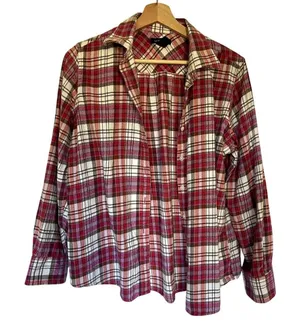 Lands'‎ End pink white checkered button down long sleeved flannel top women's M thumbnail 1