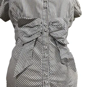 Poplin M Striped‎ Bow Waist Puff Sleeve Buttoned Blouse Frenchgirl Coquette thumbnail 3