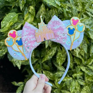 NEW Mouse Ear Headband Sequin/Glitter/Rhinestone Disney Style Balloons & Castle thumbnail 1