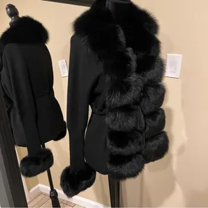 Real fox fur cardigan genuine fur collar trench coat parka jacket wool cape blazer thumbnail 9