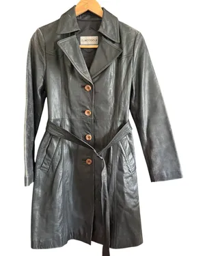 80s Vintage Emotion Dark Gray Leather Trench Coat with Belt | Small Retro thumbnail 1