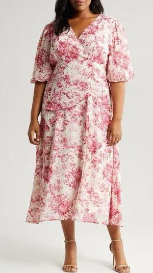 Chelsea28 Forget Me Not Floral Print Puff Sleeve Midi Dress in Beige and Pink thumbnail 1