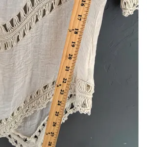 Boho Crochet Macrame Handkerchief Hem Tunic Top Cream‎ V-Neck Festival Gauze L thumbnail 6