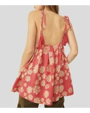 Free People Indigo Molly Floral Pink Printed Sleeveless Tunic Babydoll Top Sz M thumbnail 3