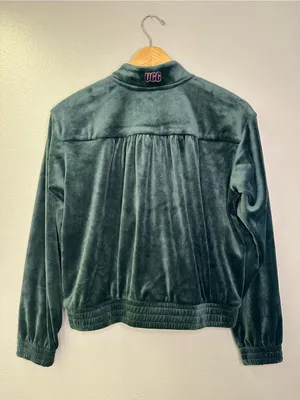 NWT UGG Devaney Bomber Jacket Dark Green Velour Velvet Full Zip Hot Pink thumbnail 3