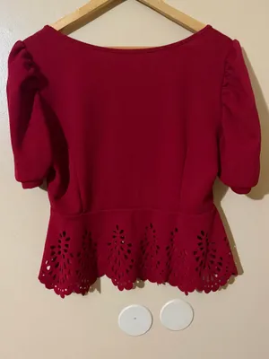 SHEIN Blouse Red Laser Cut Peplum Puff Sleeve Button Front XL Women thumbnail 5