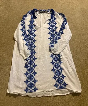 Zara Woman White Dress with Royal Blue Fringe Trim thumbnail 1