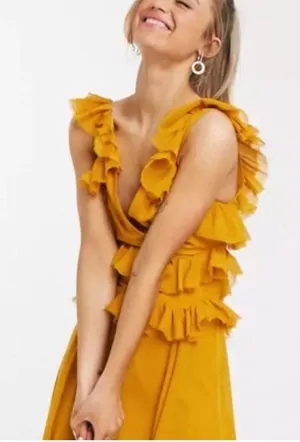 ASOS DESIGN Tiered Ruffle Dress, Mustard, 2 thumbnail 2