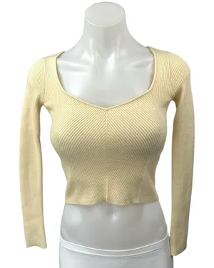Abercrombie & Fitch Yellow Rib Knit Long Sleeve Pullover Crop Sweater Top Sz XXS thumbnail 1