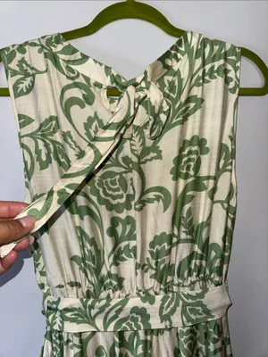 Sleeveless Cream Maxi Dress with Green Floral Print and Waist Tie thumbnail 7